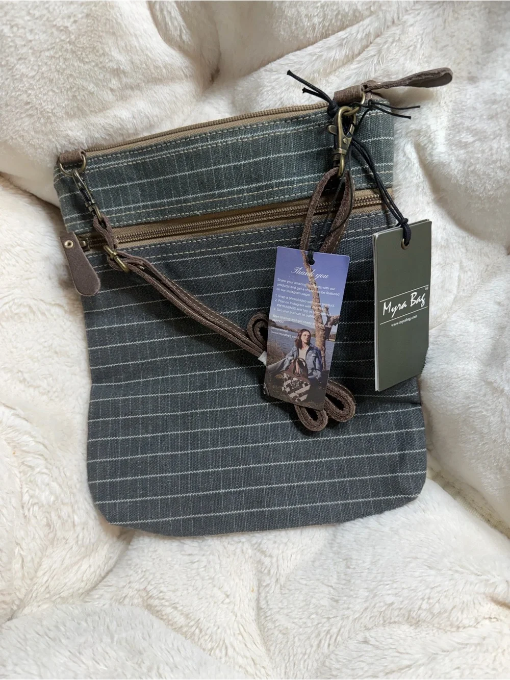 NWT Myra Bag Canvas Crossbody with Cream, Charcoal & Brown vineyard Accents